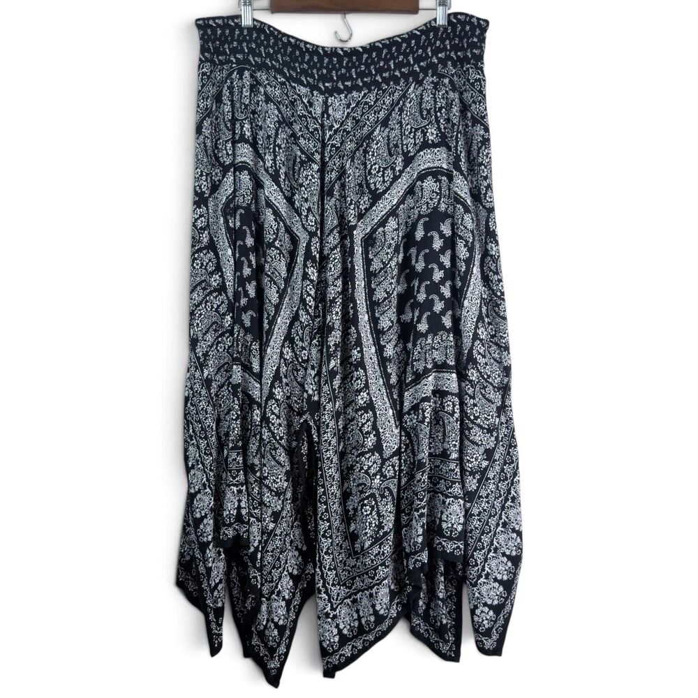 black white paisley maxi skirt xxl handkerchief hem elastic waist draped by bila